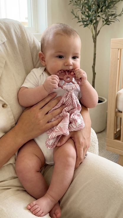 Cali Coastal Pink bamboo baby lovey with pacifier holder by Shae & Palmer in a breezy palm leaf design.