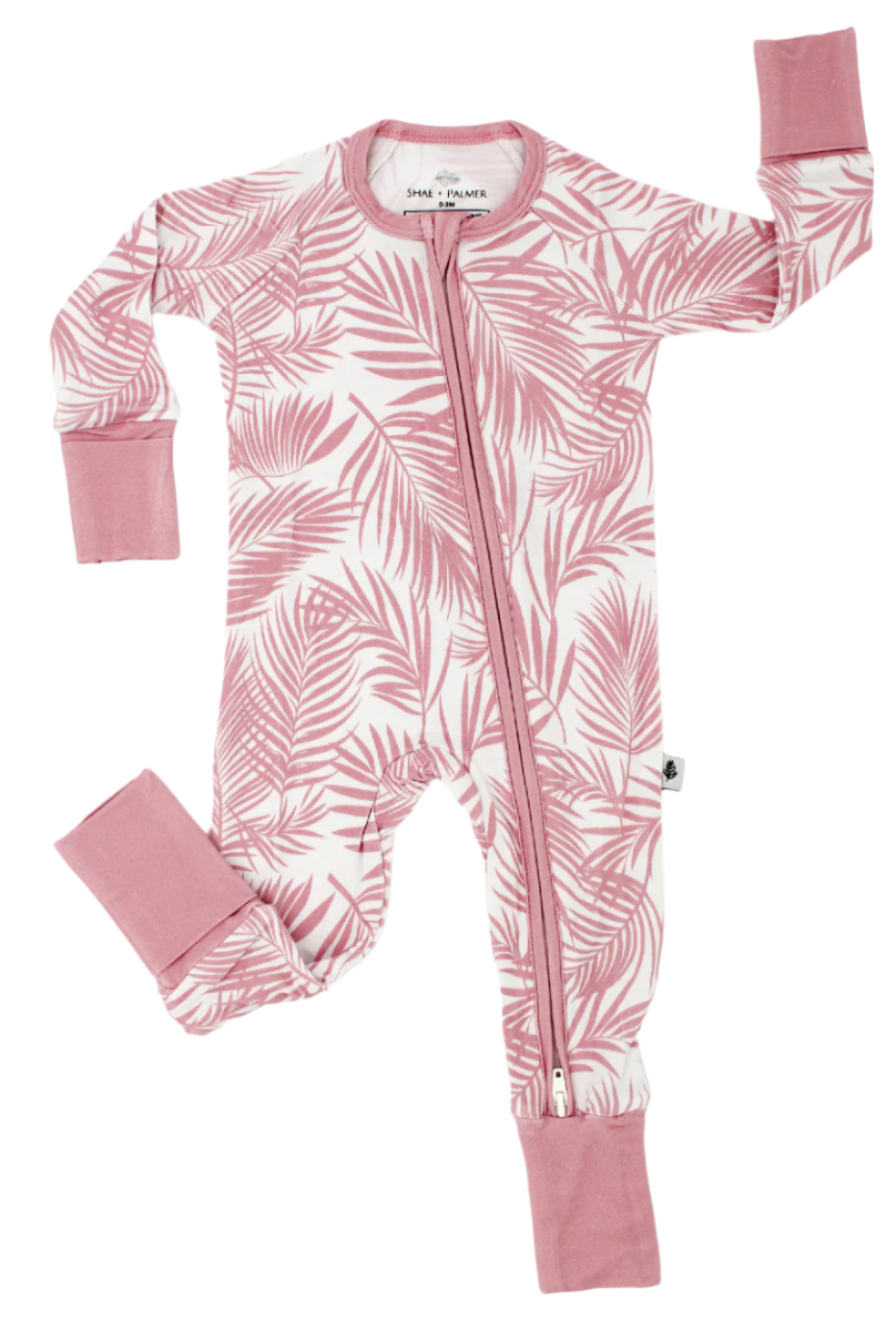 Shae & Palmer Cali Coastal Collection - bamboo baby zip romper in Pink palm leaf print. Ultra-soft, breathable zip-up pajamas with double zipper for easy diaper changes, perfect for stylish baby girls.