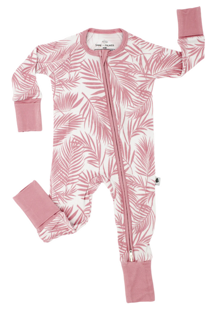 Shae & Palmer Cali Coastal Collection - bamboo baby zip romper in Pink palm leaf print. Ultra-soft, breathable zip-up pajamas with double zipper for easy diaper changes, perfect for stylish baby girls.
