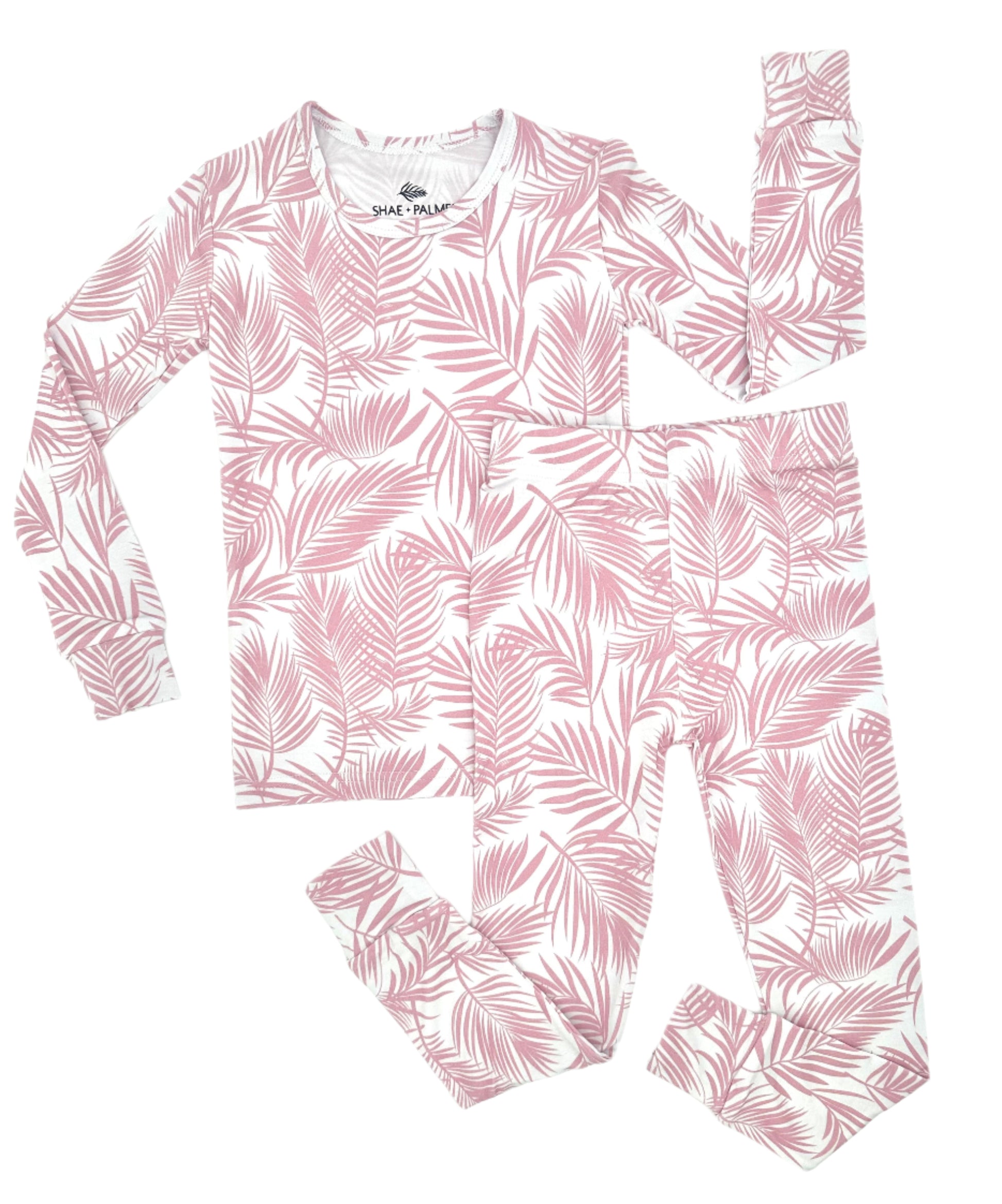 Shae & Palmer Cali Coastal Collection — bamboo toddler pajamas in Pink palm leaf print. Ultra-soft, breathable two-piece sleepwear for baby and toddler girls, inspired by laid-back California beach vibes.