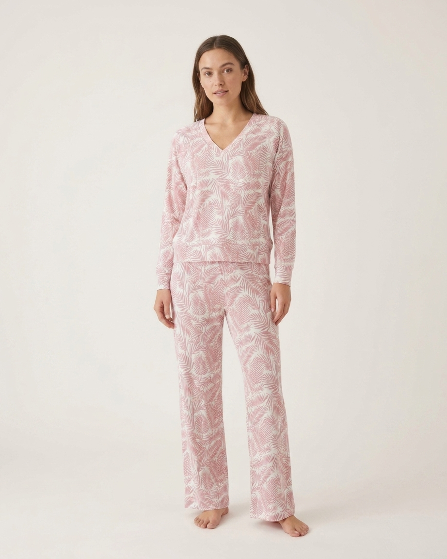 Cali Coastal women’s long sleeve V-neck pajamas with coastal palm print