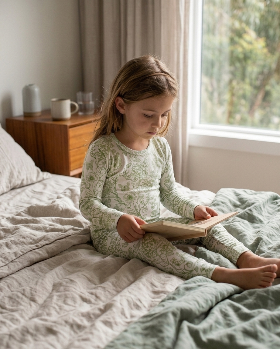 Child wearing Botanical bamboo pajamas by Shae & Palmer, soft breathable temperature-regulating two-piece set with floral print