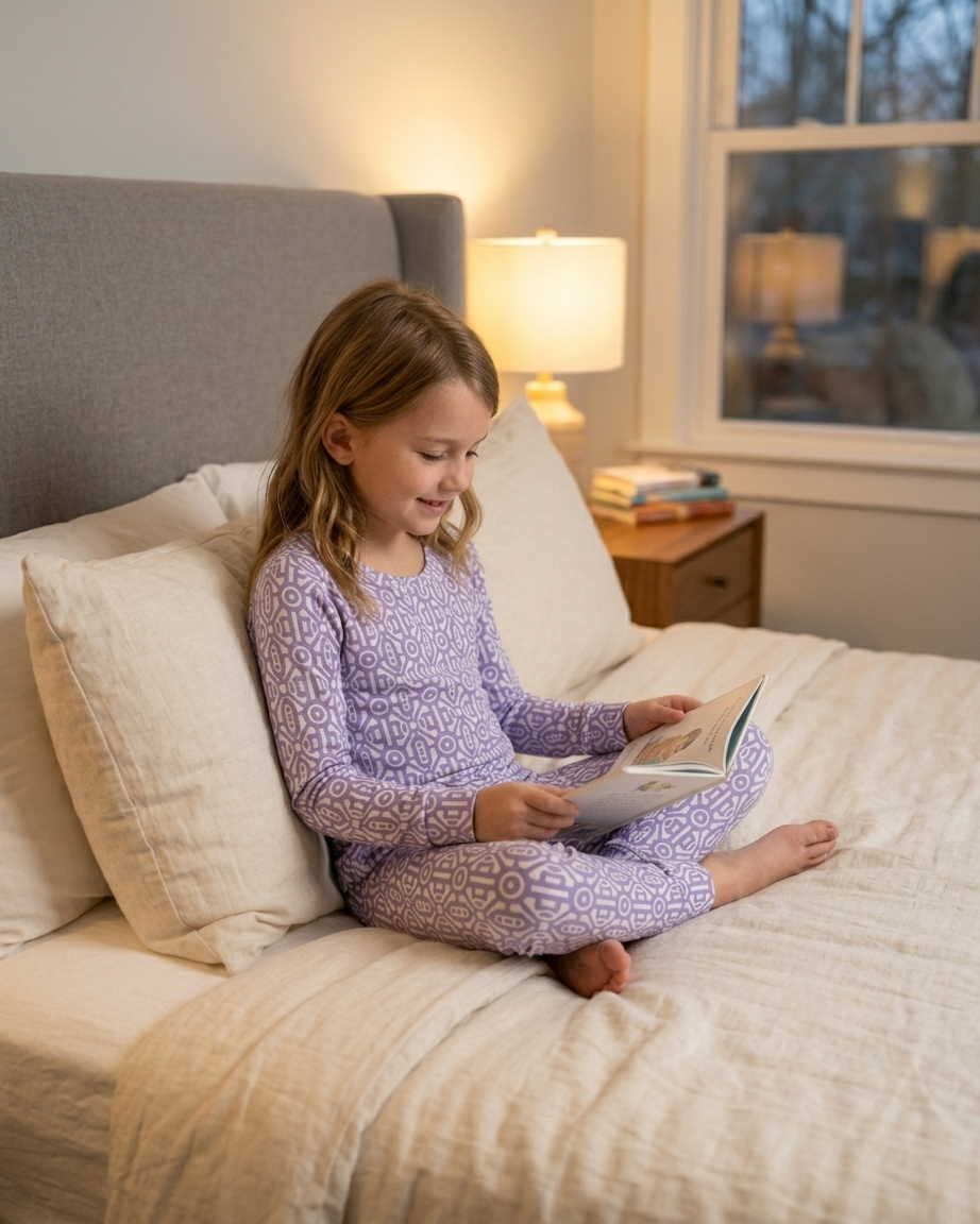 Child wearing Gemstone bamboo pajamas by Shae & Palmer, soft breathable temperature-regulating two-piece set with geometric design