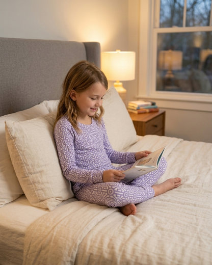 Child wearing Gemstone bamboo pajamas by Shae & Palmer, soft breathable temperature-regulating two-piece set with geometric design