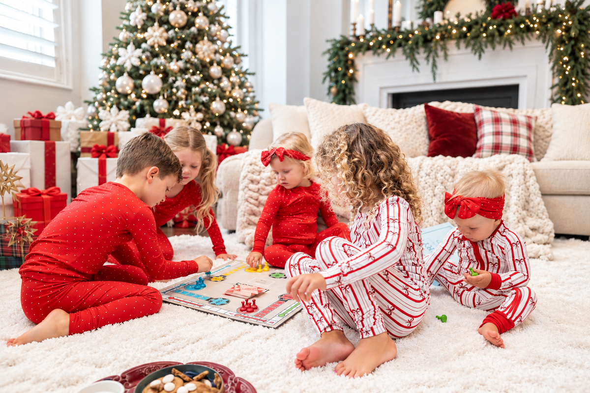 Family Christmas matching pajamas gathered together for a cozy holiday game night by the Christmas tree