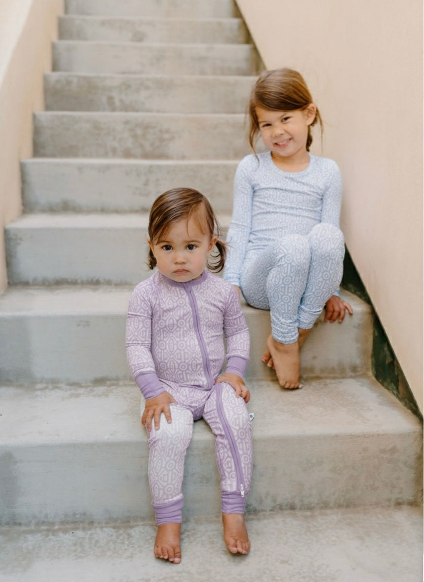Gemstone bamboo baby romper by Shae & Palmer with modern geometric print, ultra-soft breathable fabric, double zipper design