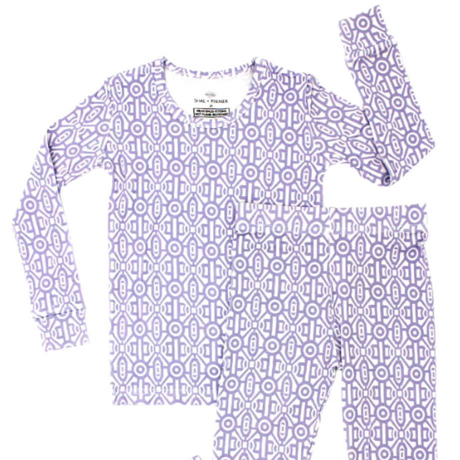 Shae & Palmer Gemstone Collection — bamboo toddler pajamas in lavender geometric print. Soft, breathable two-piece sleepwear set for baby and toddler girls, designed for comfort and style.