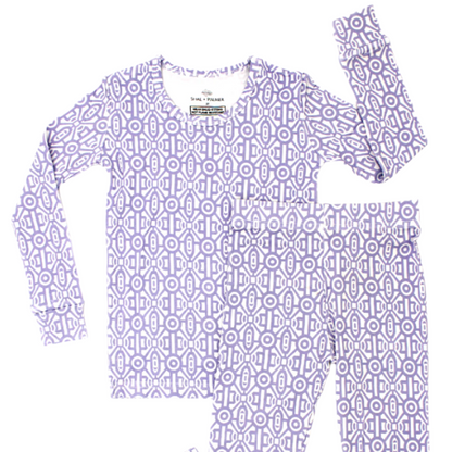 Shae & Palmer Gemstone Collection — bamboo toddler pajamas in lavender geometric print. Soft, breathable two-piece sleepwear set for baby and toddler girls, designed for comfort and style.