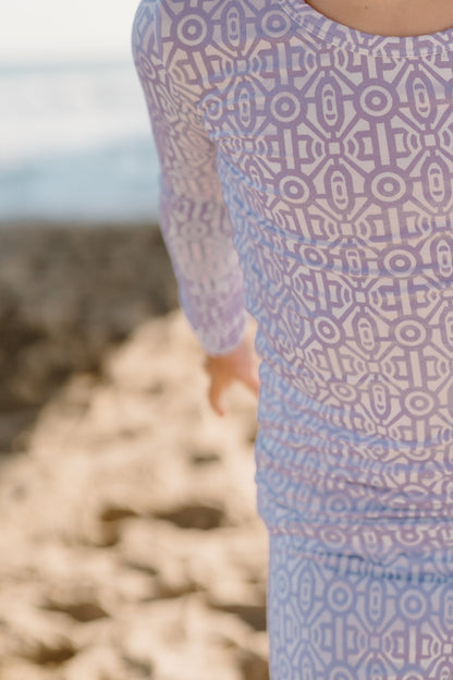 Shae & Palmer Gemstone Collection — bamboo toddler pajamas in lavender geometric print. Soft, breathable two-piece sleepwear set for baby and toddler girls, designed for comfort and style.