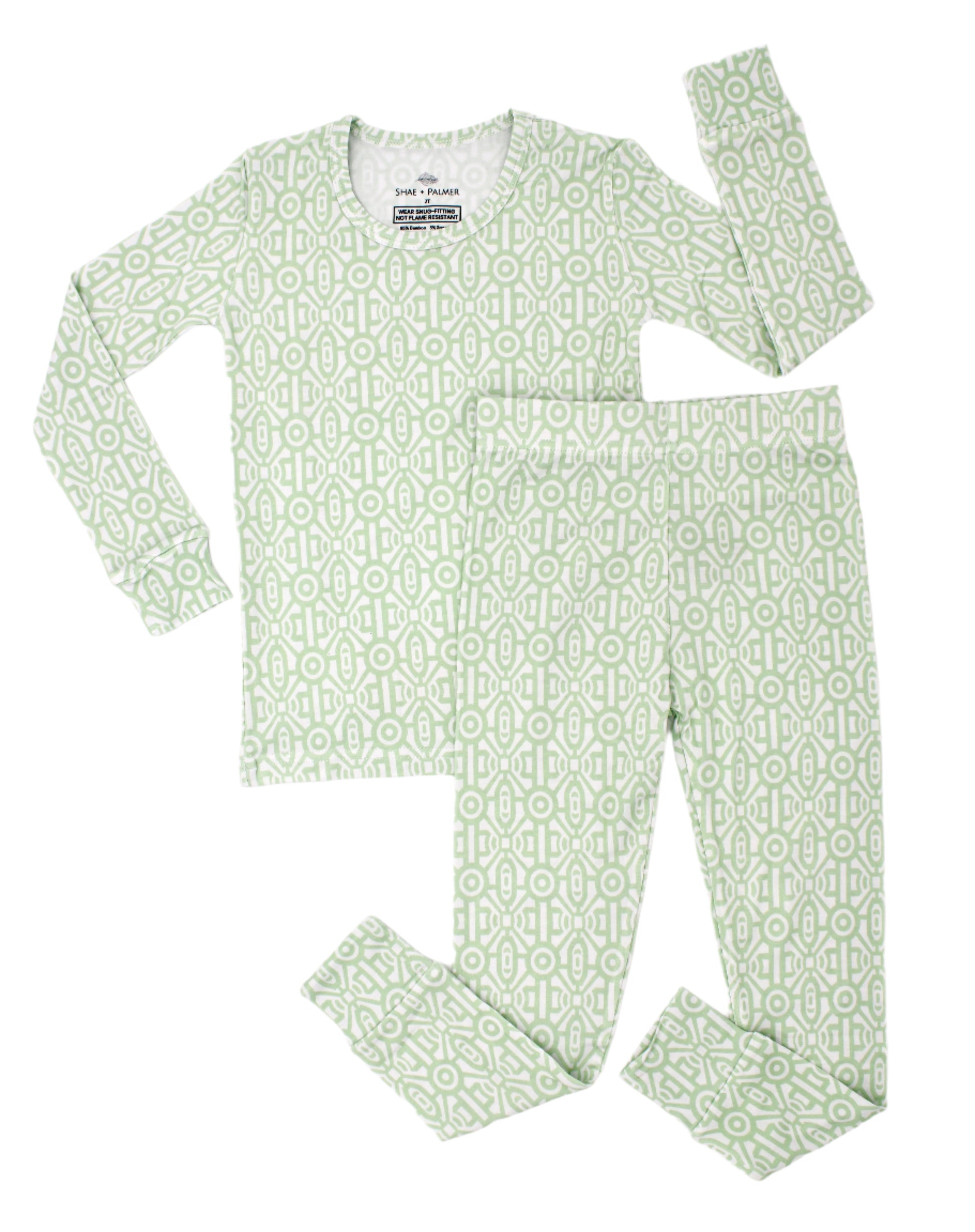 Shae & Palmer Gemstone Collection — bamboo toddler pajamas in Lime green geometric print. Ultra-soft, breathable two-piece sleepwear set for baby and toddler boys or girls, perfect for stylish sleep and all-day comfort