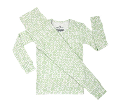 Shae & Palmer Gemstone Collection — bamboo toddler pajamas in Lime green geometric print. Ultra-soft, breathable two-piece sleepwear set for baby and toddler boys or girls, perfect for stylish sleep and all-day comfort