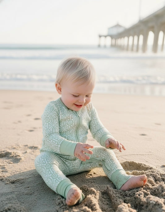Gemstone Sage Mist bamboo baby romper by Shae & Palmer with modern geometric print in soft sage green, ultra-soft breathable fabric, double zipper design