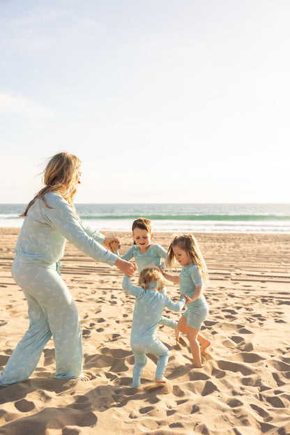 Women’s Surfside Dreams bamboo pajama set by Shae & Palmer designed for cozy matching family moments with a relaxed coastal aesthetic.
