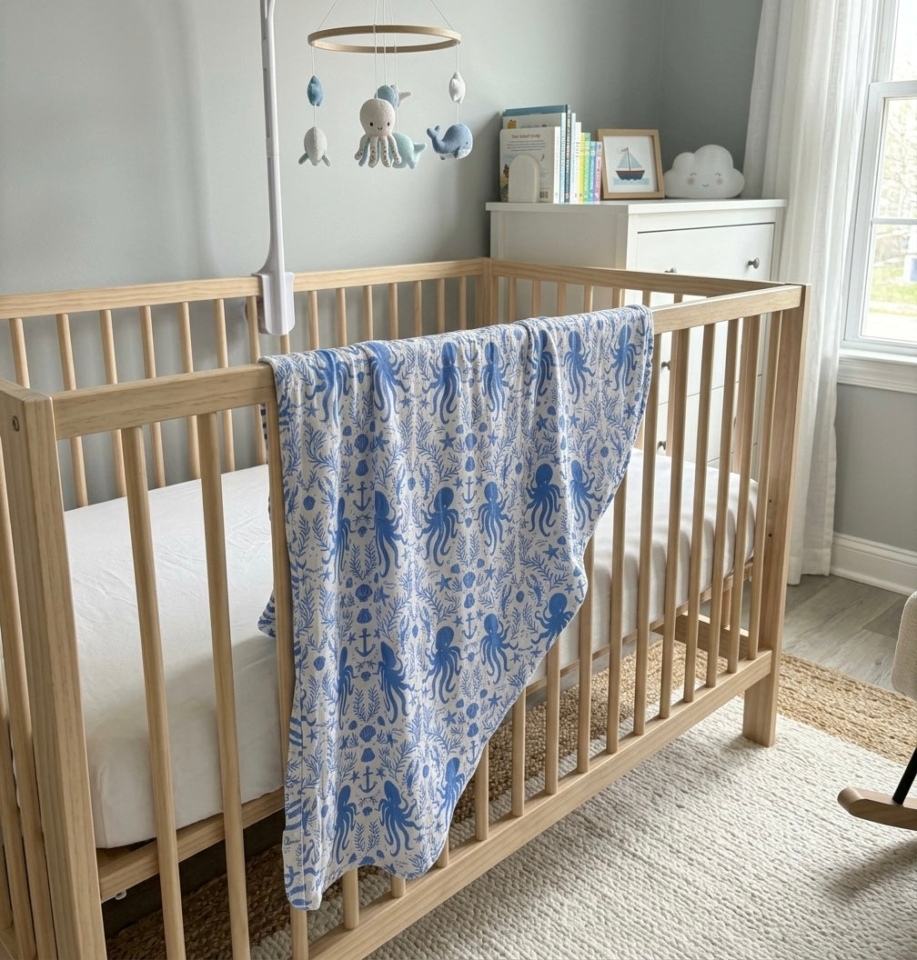 Shop the hidden ocean treasures bamboo baby blanket by Shae & Palmer. Ultra-soft, breathable 46x46 bamboo swaddle blanket lightweight, temperature-regulating, and perfect for swaddling, stroller rides, beach days, and everyday snuggles. Luxury bamboo baby blanket for newborns and toddlers.