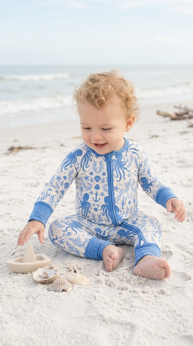 Baby wearing Hidden Ocean Treasures bamboo pajamas in ocean blue coastal print, soft breathable sleepwear by Shae & Palmer