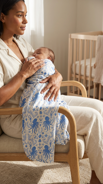 Close-up of Hidden Ocean Treasures bamboo blanket featuring blue octopus, anchors, seashells, and underwater details on soft white fabric.