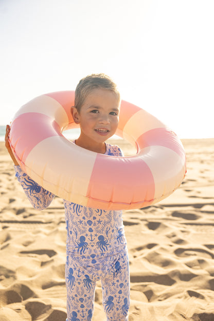 Soft blue bamboo pajamas for big kids with underwater ocean print including seashells, anchors, and octopus details by Shae & Palmer