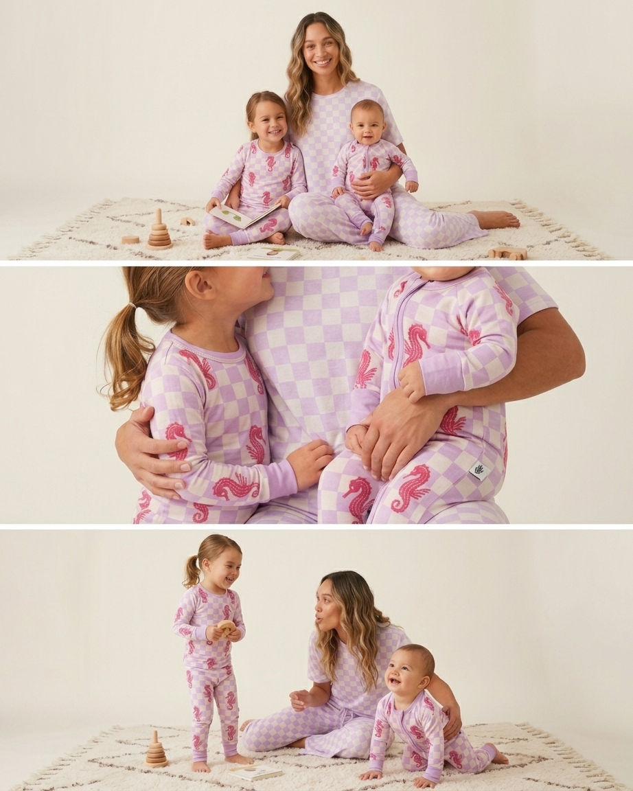 Close-up of women’s bamboo pajamas in lavender checkered print showing soft breathable fabric texture
