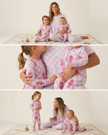 Close-up of women’s bamboo pajamas in lavender checkered print showing soft breathable fabric texture