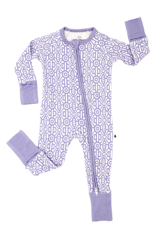 Shae & Palmer Gemstone Collection lavender baby romper made from buttery-soft bamboo fabric, featuring a delicate gemstone-inspired print and a convenient double zipper for easy changes.