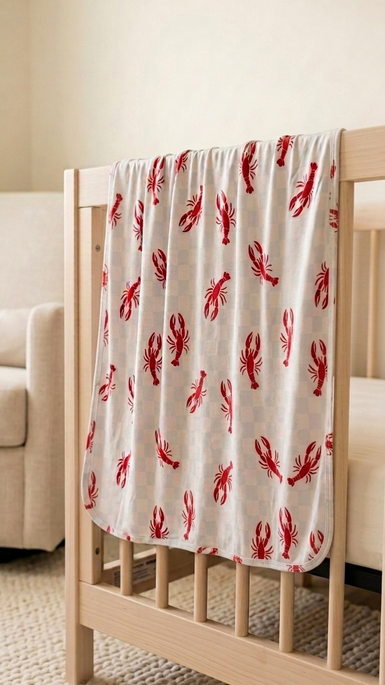 Ultra-soft bamboo baby blanket in Lobster Splash print highlighting breathable and gentle fabric texture