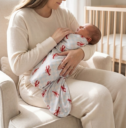 Lobster Splash bamboo baby blanket with blue checkered pattern and red lobster print soft and breathable