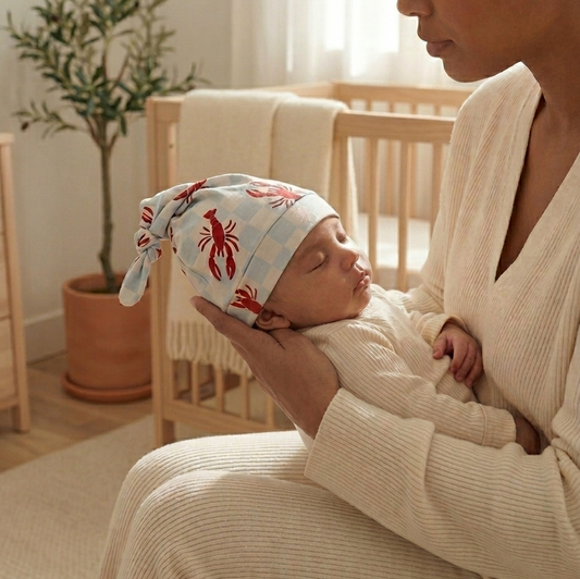 Close-up of Lobster Splash Blue bamboo baby hat showing soft coastal-inspired print in breathable bamboo fabric