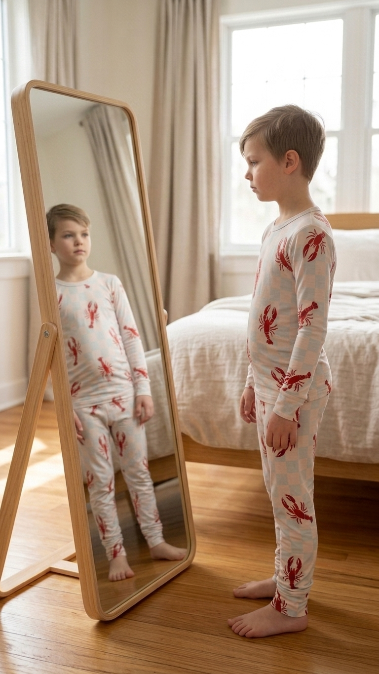 Bamboo toddler pajamas in Lobster Splash print. Soft, breathable, stretchy two-piece set with temperature-regulating fabric for comfortable sleep and play.