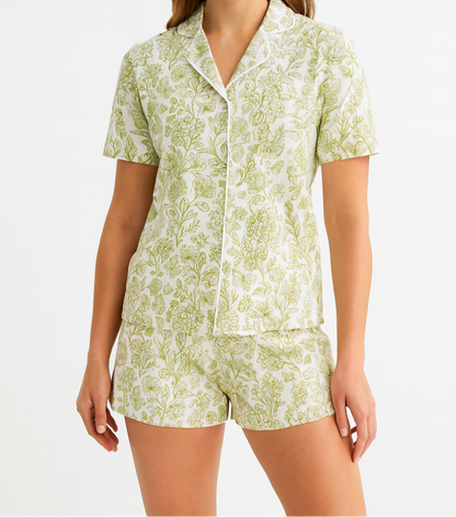 Luxury women’s bamboo pajamas in Moss Green Botanical print by Shae & Palmer — elegant holiday gift for cozy nights and Christmas mornings
