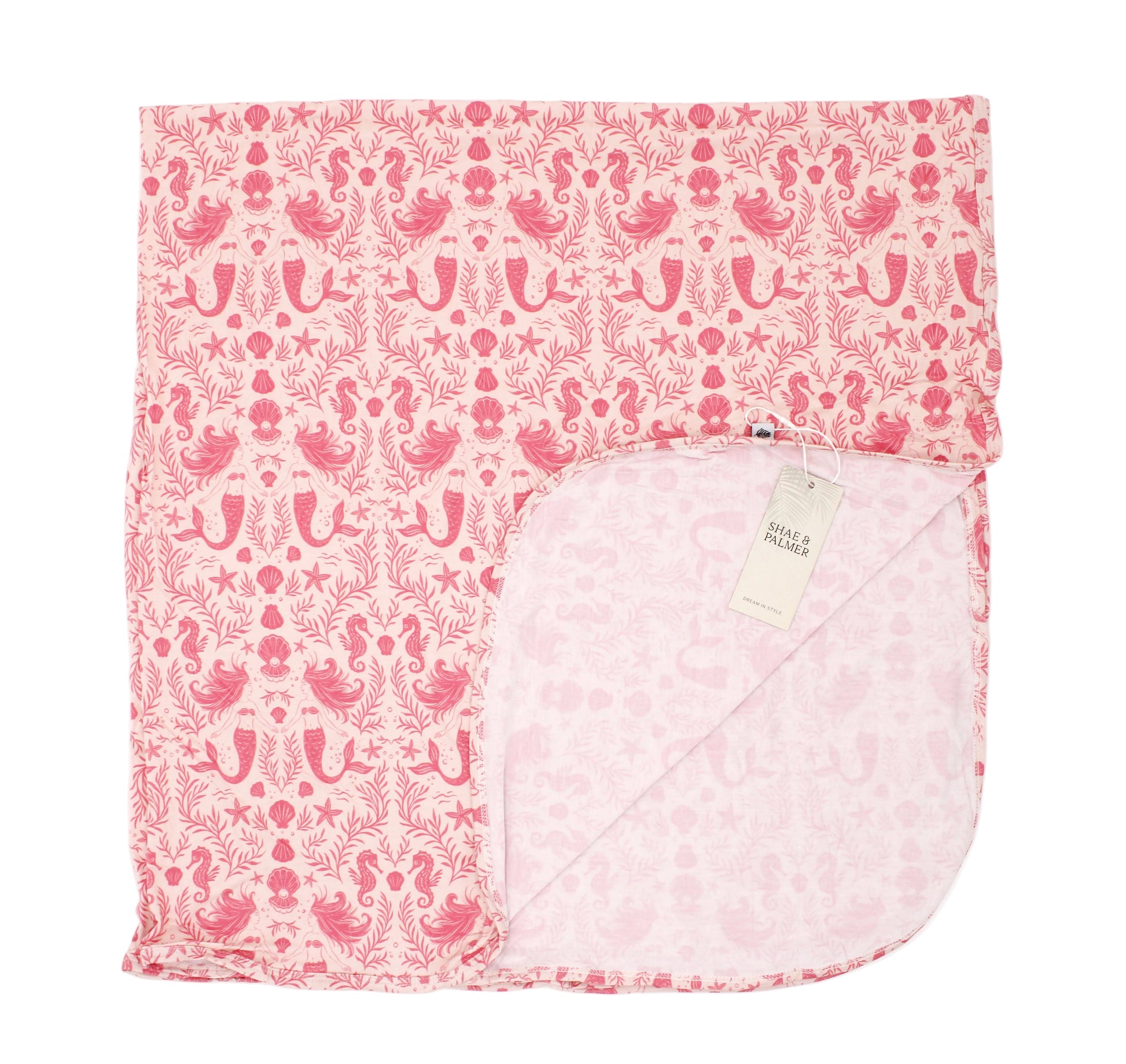 Shae & Palmer Mermaid Cove baby blanket made from buttery-soft bamboo fabric with elegant mermaid and ocean-themed artwork.