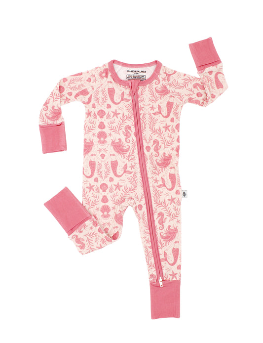 Mermaid Cove bamboo baby pajamas featuring mermaids and seashells in soft coastal hues, breathable and ultra-soft baby sleepwear by Shae & Palmer
