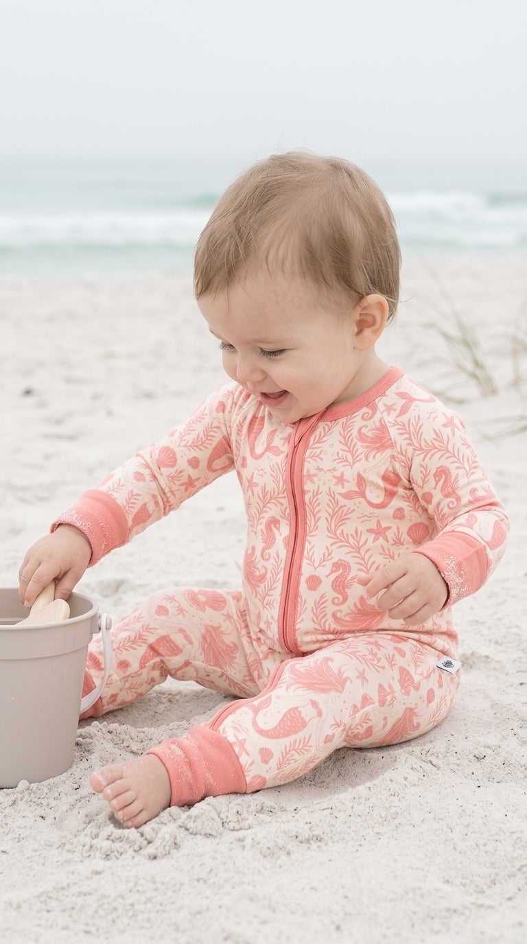 Close-up of Mermaid Cove bamboo fabric with mermaid and seashell print in soft coastal colors, gentle and breathable for sensitive baby skin