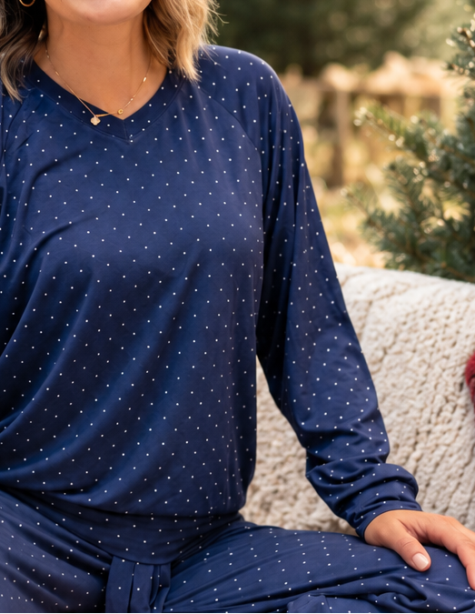 Close-up of soft Midnight Dot bamboo fabric on women's Hanukkah and Christmas pajamas
