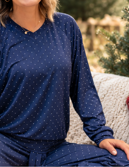 Close-up of soft Midnight Dot bamboo fabric on women's Hanukkah and Christmas pajamas