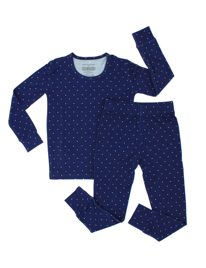 Midnight Dot Collection bamboo big kid pajamas by Shae & Palmer featuring a timeless navy dot print and ultra-soft, breathable bamboo fabric. Stylish Christmas and Hanukkah pajamas for big kids, perfect for matching family Christmas pajamas, coordinating sibling and baby sleepwear, festive holiday celebrations, family photos, and cozy winter nights.