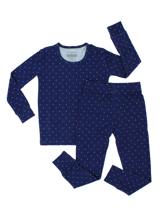 Midnight Dot Collection bamboo big kid pajamas by Shae & Palmer featuring a timeless navy dot print and ultra-soft, breathable bamboo fabric. Stylish Christmas and Hanukkah pajamas for big kids, perfect for matching family Christmas pajamas, coordinating sibling and baby sleepwear, festive holiday celebrations, family photos, and cozy winter nights.