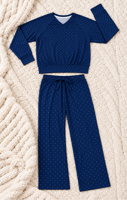 Midnight Dot women's navy bamboo Hanukkah and Christmas matching pajamas flat lay for holiday family sleepwear