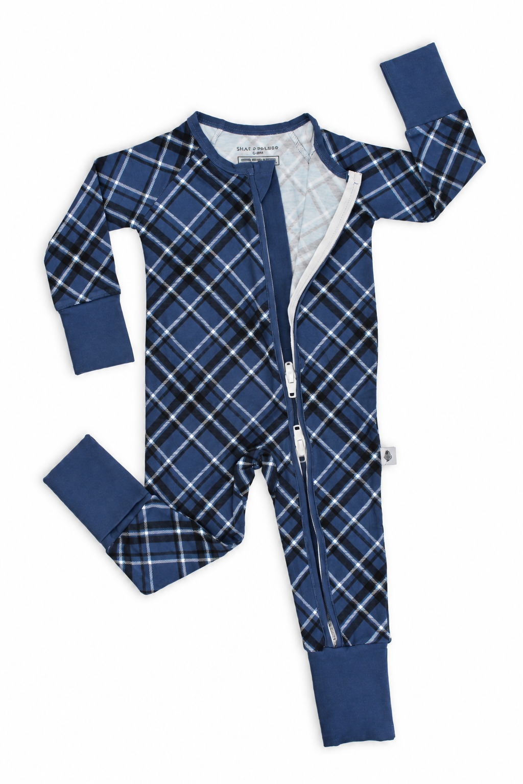 Close-up of Midnight Plaid bamboo baby romper double zipper detail for easy diaper changes
