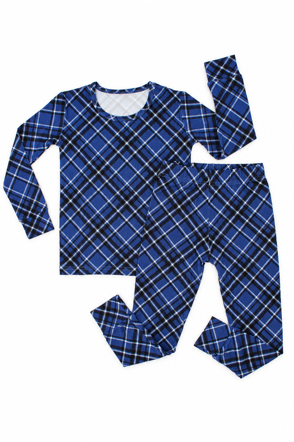 Midnight Plaid big kids bamboo pajamas in navy blue and classic plaid, perfect for Christmas and Hanukkah holiday sleepwear