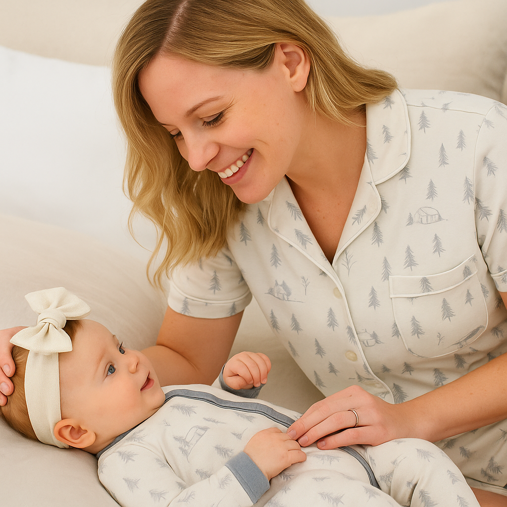 Woman wearing Winterdream Snow White bamboo pajamas by Shae & Palmer, breathable short sleeve button-up top and shorts set