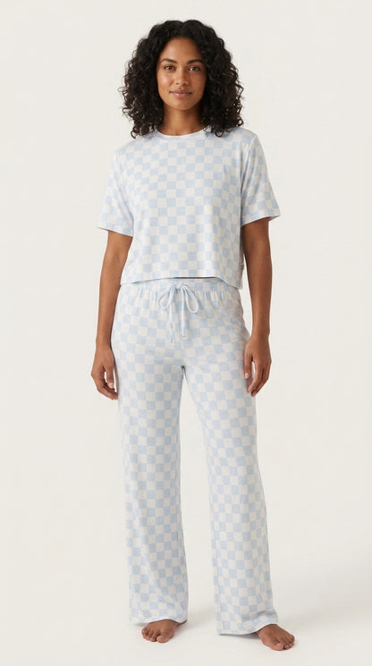Mommy and me matching pajamas with women’s blue checkered set paired with Lobster Splash kids pajamas