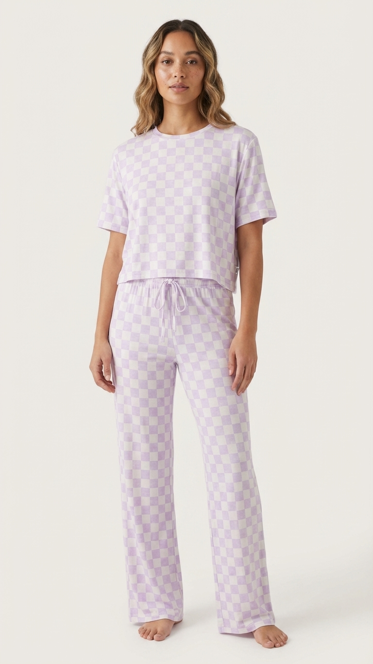 Mommy and me matching pajamas with women’s lavender checkered set paired with Seahorse Splash kids styles