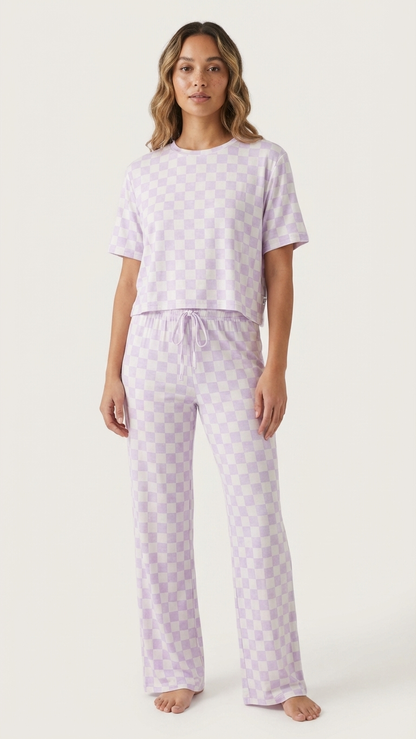 Mommy and me matching pajamas with women’s lavender checkered set paired with Seahorse Splash kids styles