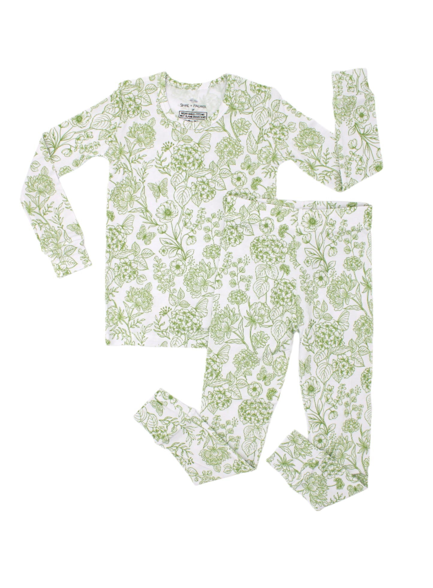 Shae & Palmer Botanical Collection — bamboo toddler pajamas in Moss Green floral print. Soft, breathable two-piece pajama set designed for baby and toddler girls who love to sleep and play in comfort.