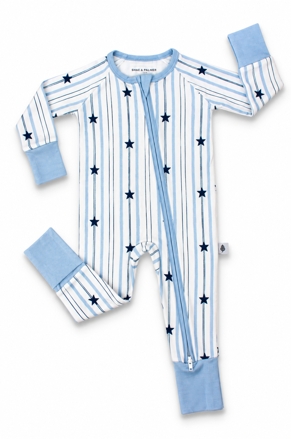 North Star bamboo baby romper with blue stripes and navy stars, perfect for Hanukkah and Christmas pajamas