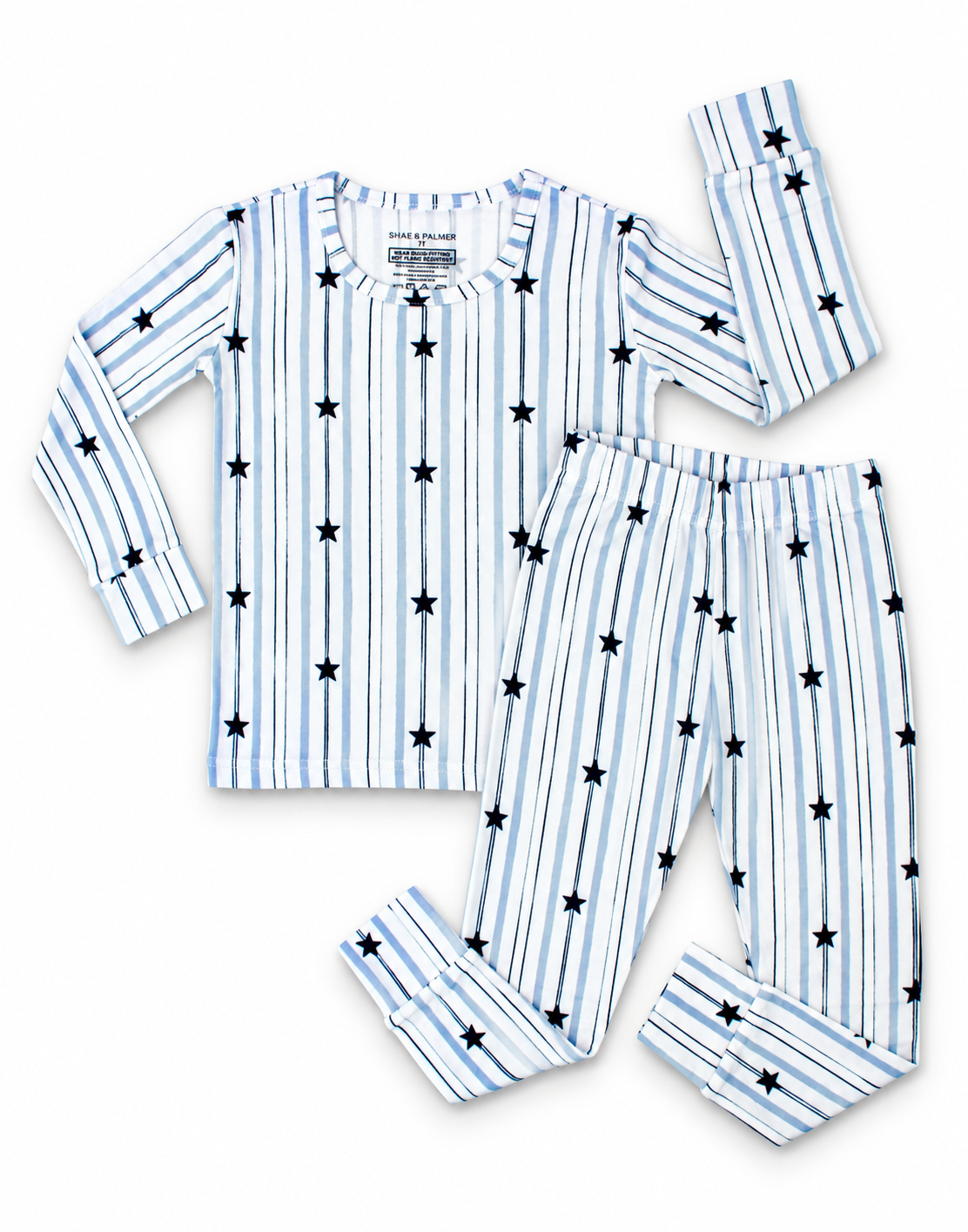 North Star bamboo big kids pajamas by Shae & Palmer featuring navy stars on soft blue and white stripes. Comfortable, breathable Christmas and Hanukkah pajamas perfect for matching family holiday sets, sibling sleepwear, festive photos, and cozy winter nights.
