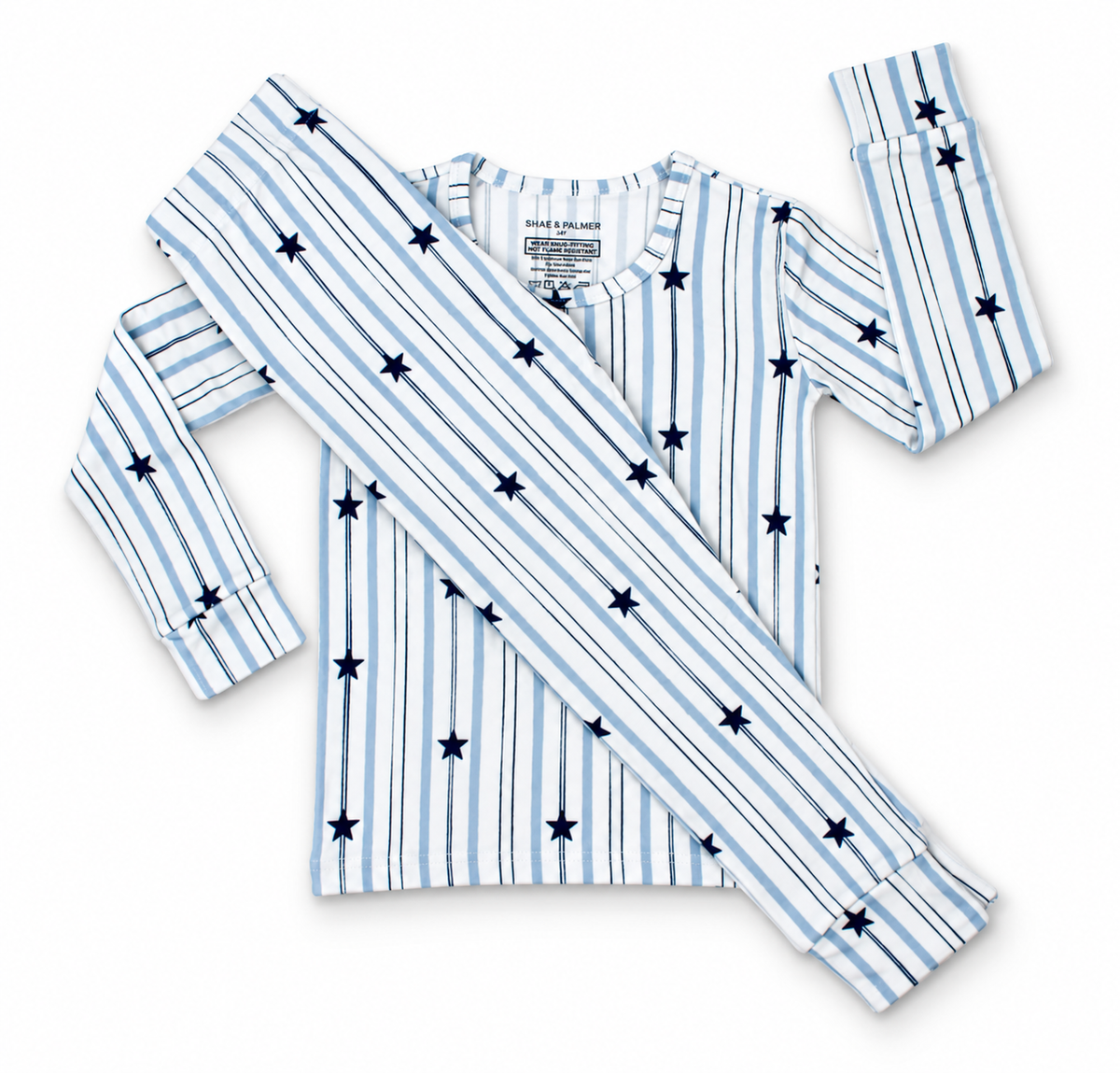 North Star bamboo toddler pajamas by Shae & Palmer featuring navy stars on soft blue and white stripes. Soft, breathable Christmas and Hanukkah pajamas perfect for matching family holiday sets, festive photos, and cozy winter nights