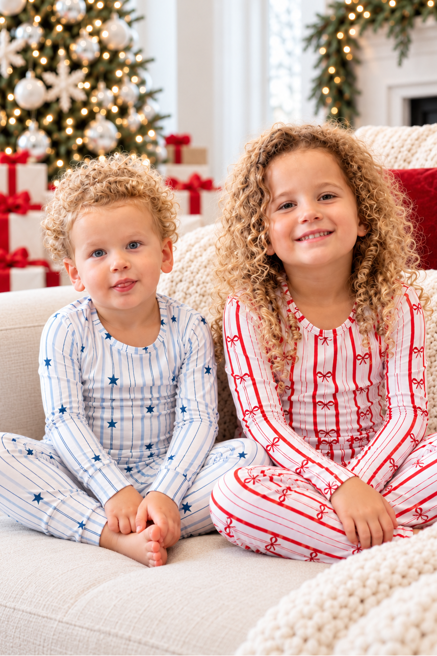 Kids wearing North Star blue star and Ribbon Stripe red bow bamboo pajamas in a festive holiday setting, perfect for Christmas and Hanukkah.