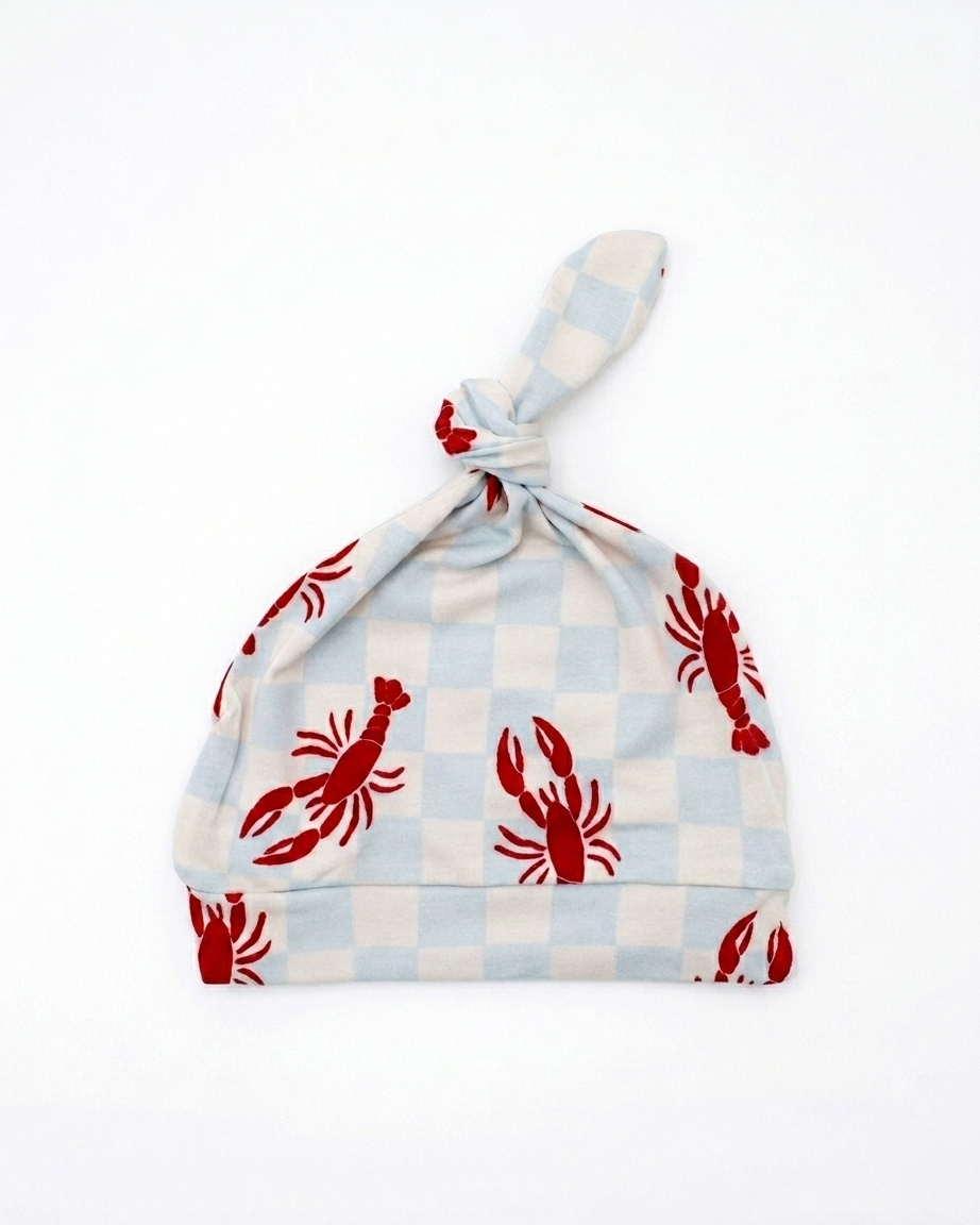 Lobster Splash Blue bamboo baby hat in soft breathable fabric, gentle on newborn skin and perfect for everyday wear