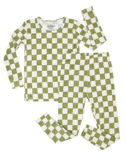Orchard Checkered toddler bamboo pajamas in a soft olive green and ivory checkered print, shown in a flat lay.